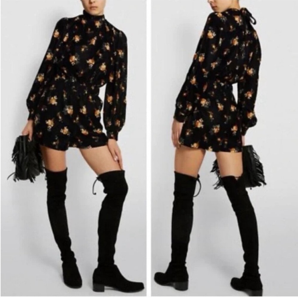 NWT Maje Inouk Floral Velvet Puff Sleeve Playsuit Black Floral Romper Sz 38